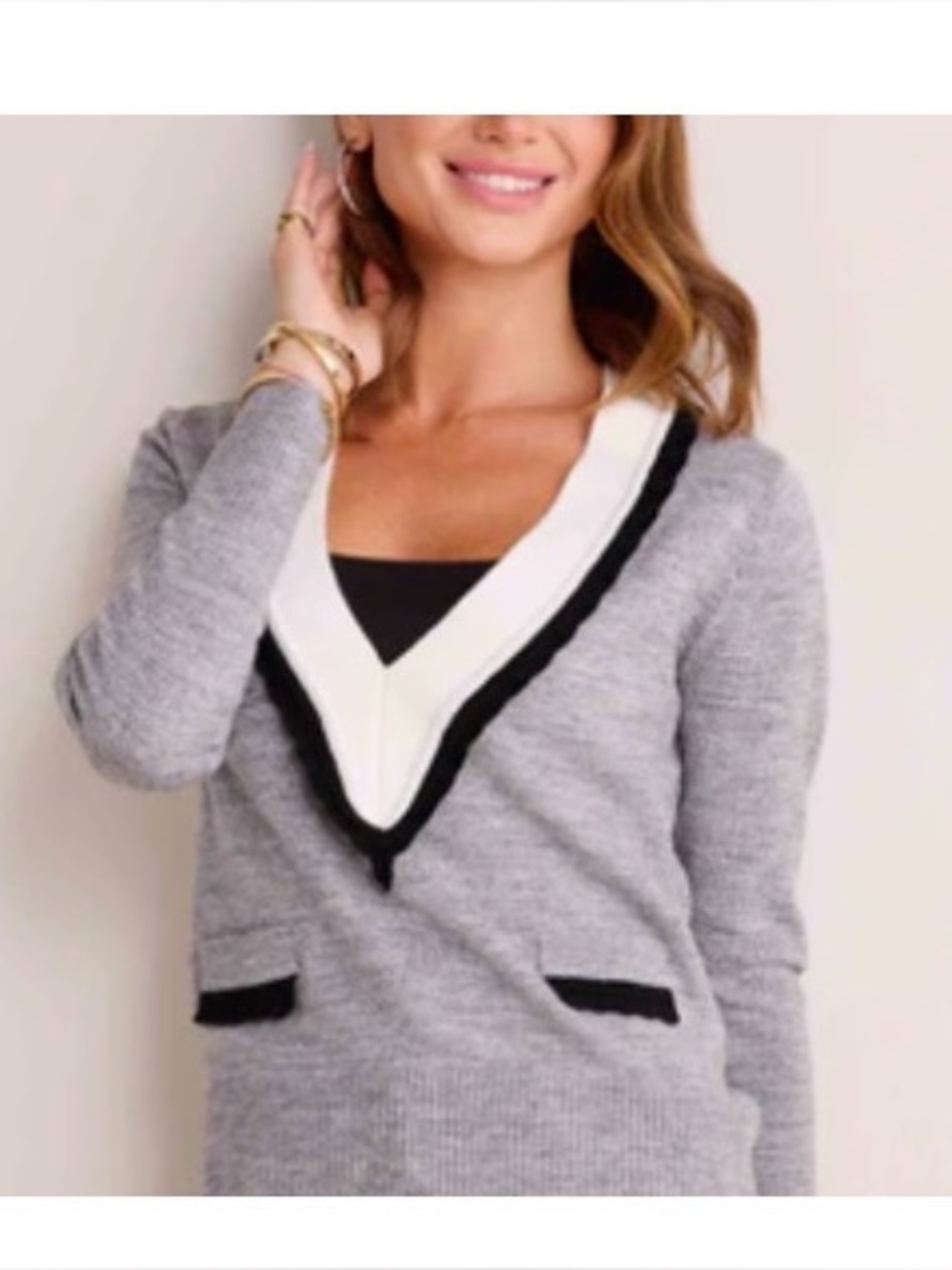Dress Forum Gray V-Neck Sweater with Black and Cream Trim